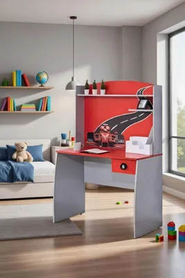 Image de Bureau au design « voiture de course » pour chambre d'enfant, avec espace de rangement