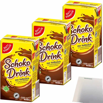 Produktbild von Gut & Günstig Schoko-Drink 3,5% Fett mit Papier-Trinkhalm kalt und heiß ein Genuss 3er Pack (3x500ml Packung) + usy Block