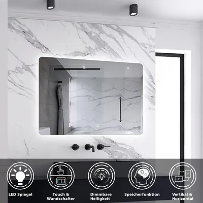 Produktbild von AICA LED Badspiegel 80x60cm Wand/Touchschalter Kaltweiß Dimmbar Badspiegel mit Beleuchtung Badezimmerspiegel Lichtspiegel IP44