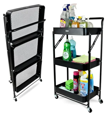 Produktbild von Servierwagen mit 3 Ebenen, klappbar, Küchenwagen mit Griff, Rollen mit Bremsen, kleiner Nischenwagen für Aufbewahrung und Mehrzwecknutzung