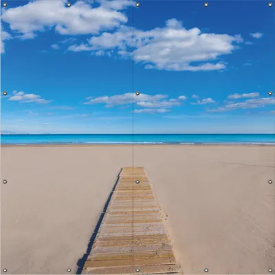 Produktbild von Wallario Outdoor-Poster für Garten oder Balkon, Motiv Auf dem Holzweg zum blauen Meer, in ca. 180 x 180 cm