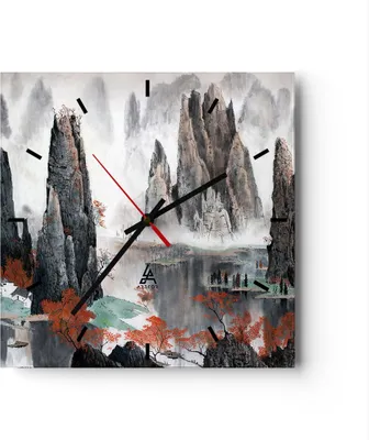 Produktbild von Wanduhr - Quadrat - Glasuhr - Berge Märchen Nebel - 40x40cm - Schleichendes Uhrwerk - Lautlos - zum Aufhängen bereit - Dekoration Modern - Wanddekoration aus Glas - C3AC40x40-3887