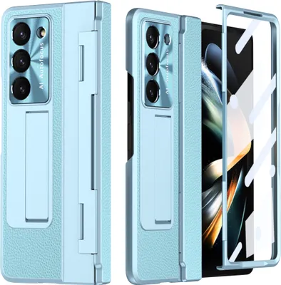 Produktbild von Hülle für Samsung Galaxy Z Fold 5 mit Displayschutz & Objektivschutz Litschi Ständer Schutzhülle Blau