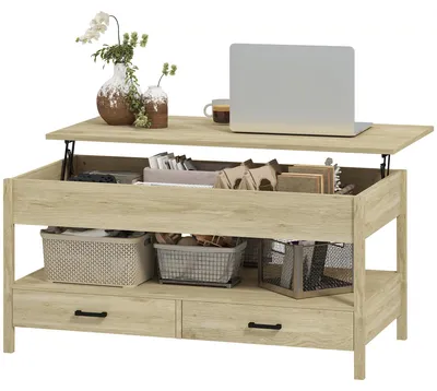 Produktbild von Couchtisch mit Hebemechanismus, verstecktem Staufach, Schubladen und offenem Fach, 100 x 50 x 48šC62 cm, Eiche
