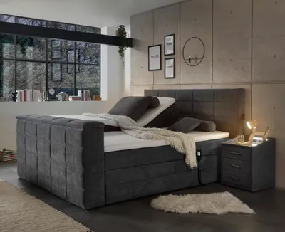 Produktbild von Boxspringbett 180x200 cm, mit TV-Halterung, elektrisch verstellbar und 2 Nachtschränke, Hotelbett in anthrazit DURAZNO-09