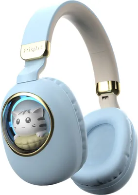 A pair of light blue wireless headphones with a cat figurine inside a transparent circle on one of the earcups.