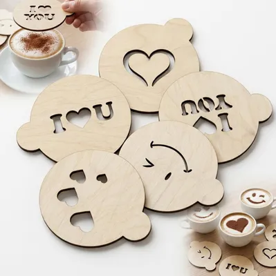 Produktbild von SET MIT 5 SCHABLONEN zur KAFFEEDEKORATION – verschiedene LATTE-ART-MUSTER für Cappuccino, 10 cm