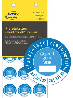 Produktbild von Avery Zweckform 6983-2025, Prüfplaketten, ? 20 mm, 8 Bögen, blau