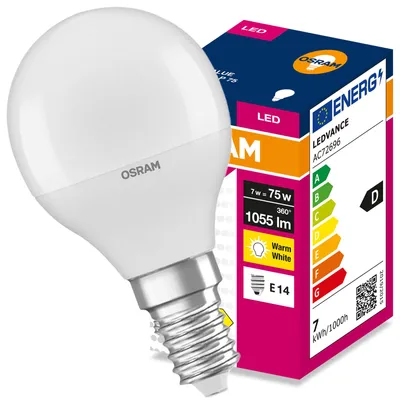 Obrázok produktu pre LED žiarovka E14, tvar guľky (P45), 7W = 75W, 1055 lm, 3000K (teplá biela), uhol svietenia 160°, séria VALUE CLASSIC, výrobca Osram, Obrázok generovaný UI