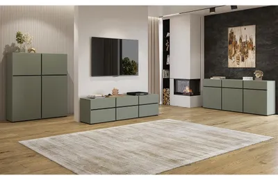 Image de Salon complet HAVANA – Vert sauge et noir – Meuble TV, buffet et buffet haut – Style design moderne