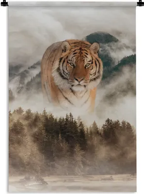 Produktbild von MuchoWow® Wandteppich Wandbehang Tiger - Berge - Bäume 120x180 cm Tapisserie Dekoration Wandtuch - Schlafzimmer - Dekorationen für das Haus