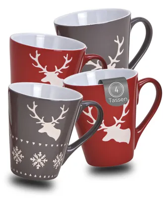 Productafbeelding van Kerstmokken, set van 4, met hertenmotief, Scandinavisch design, grijs en rood