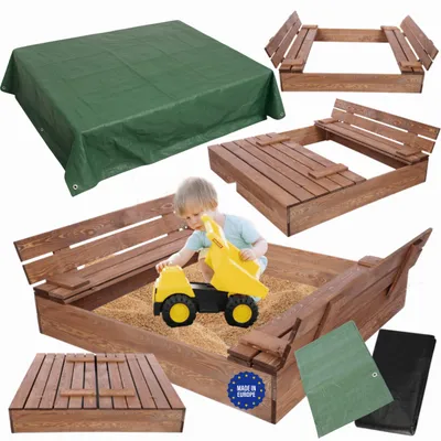 Produktbild von MODO24 Sandkasten Holz, Deckel, Sitzbänke, Schutzplane, Holzsandkasten, Kinder, Garten, 120x117 cm, Braun Imprägniert, PIA