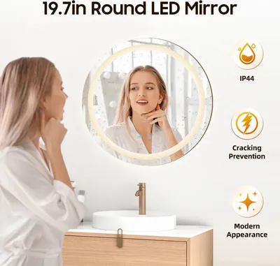 Image de Miroir de salle de bain LED - Rond 50 cm - Anti-buée - 3 températures de couleur - Intensité réglable - Gris clair