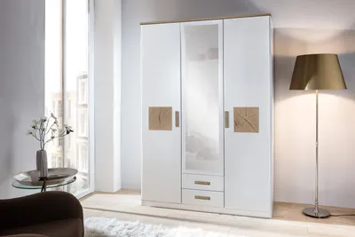 Produktbild von Kleiderschrank "Kärnten" in WEISS + HIRNHOLZ-NB mit 2 Schubladen und 3 Türen. Abmessungen (BxHxT) 135x199x58 cm