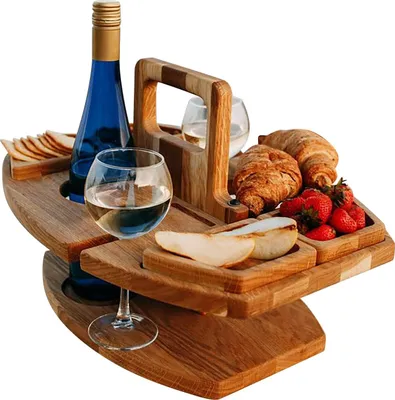 Produktbild von Essteller,Abnehmbarer Wein-Picknicktisch, tragbare Mini-Servierplatte, Obsttablett und Weintablett in einem, mit 4 Lebensmittelzellen