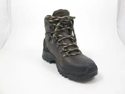 A single brown hiking boot shown from a three-quarter angle against a white background.