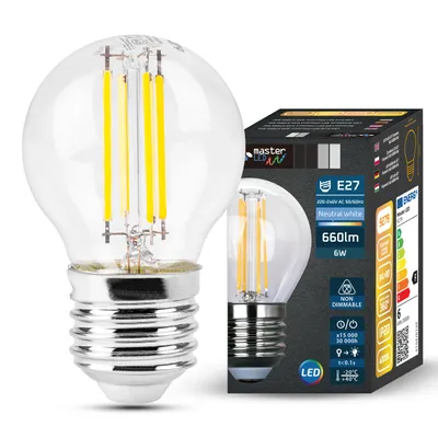 Obrázok produktu pre MasterLED - žiarovka - pätica E27 G45 - neutrálna biela 4000 K - 720 lm - 6 W - číre sklo - žiarovka g45