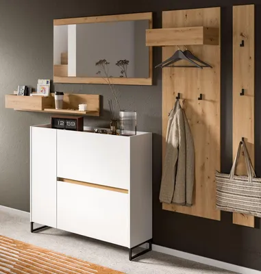 Produktbild von Garderobe Set 5-teilig "Borga" in weiß und Artisan Eiche 236 x 192 cm, Soft-Close