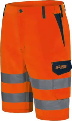 A pair of orange work shorts with reflective gray stripes.