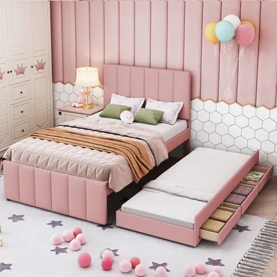 Produktbild von okwish Polsterbett 90 x 200 cm mit Rollbett und 3 Schubladen, Leinen, Rosa