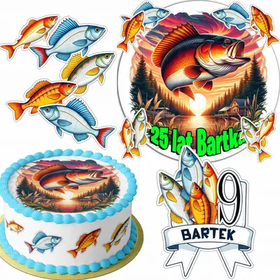 Produktbild von Zestaw Opłatek Na Tort 20Cm + 16 Postaci - Wędkarskie Rybak +Imię 15Cm 18Cm