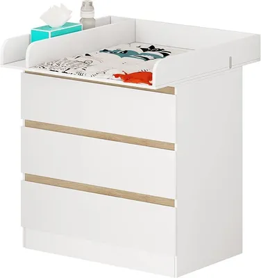Produktbild von Wickelkommode mit Wickelaufsatz, Wickeltisch, Kommode mit 3 Schubladen, Wickelaufsatz abnehmbar, mit Kippschutz, 86 cm für Lendenwirbelschutz, Weiß+Eiche