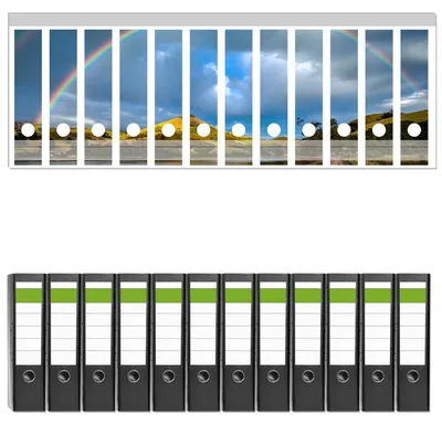 Produktbild von Wallario 12 Stück breite Ordner inkl. Klebeetiketten mit Motive Regenbogen über Hügel -  Set mit Rückenschildern / Ordnerrücken Stickern