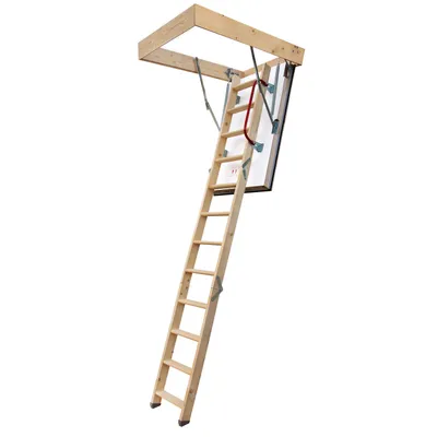 A wooden attic ladder extended from a wooden frame, against a white background.