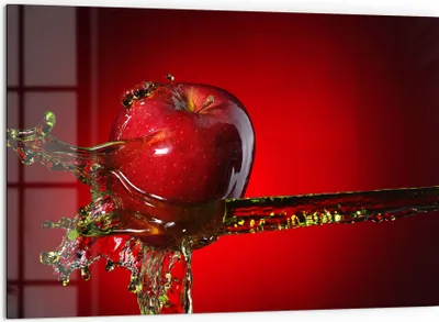 Produktbild von DEQORI Küchenrückwand Glas 60x40 cm 'Flüssigkeit trifft Apfel' Spritzschutz Bad Rückwand