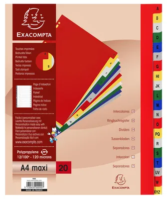 Image de Exacompta Intercalaires colorés PP A-Z 20 pièces DIN A4+ couleurs assorties