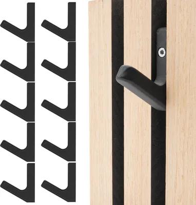 A collage of black coat hooks on the left and a single coat hook attached to a wooden panel on the right.