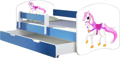 Produktbild von ACMA Jugendbett Kinderbett Junior-Bett Komplett-Set mit Matratze Lattenrost und Rausfallschutz Blau 43 Kleines Pferd 180x80 + Bettkasten