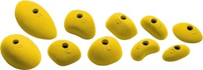 Zehn gelbe Sloper-Klettergriffe aus dem "holds set 2" von Ocun; geeignet für Kletterwände.