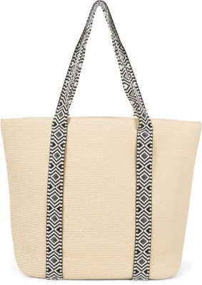 Produktbild von styleBREAKER Papierstroh Strandtasche mit Azteken Muster Bändern | Damen Flechttasche mit Reißverschluss | 50 x 37 x 13 cm