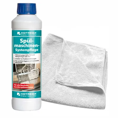 Produktbild von HOTREGA Spülmaschinen Systempflege 250 ml SET + Microfasertuch 40 x 40 cm