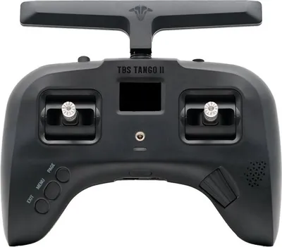 A black RC FPV remote control is shown from the front against a white background.