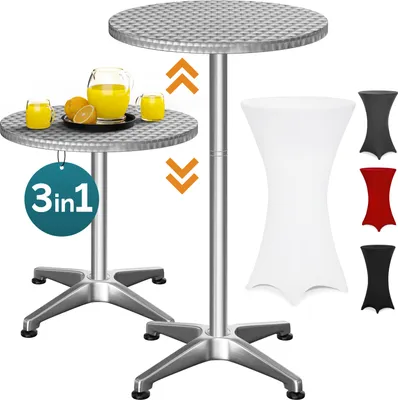 A product image showcasing two adjustable height bar tables and three different colored table covers.