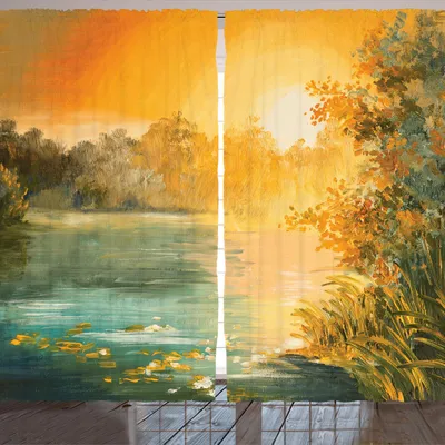 Produktbild von ARANDE Land Gardine, Pastellfarben Auf Dem See Im Fall Herbst Scenery In Der Retro Kunst Zeichnung, 280 x 175 cm, Grün Orange Blau