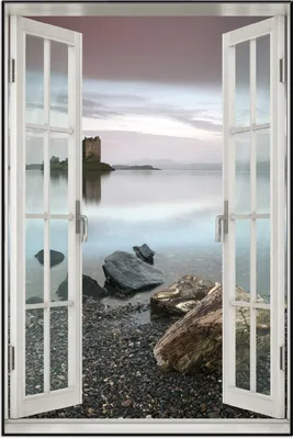 Produktbild von Wallario Wandbild mit Fenster-Illusion: Schloss in Schottland, Größe: 61 x 91,5 cm, Poster mit schwarzem Aluminiumrahmen