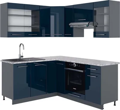 Produktbild von Eckküche Vicco Fame-Line Dunkelblau Hochglanz/Anthrazit 190 x 60 cm , AP Marmor, Model 49737