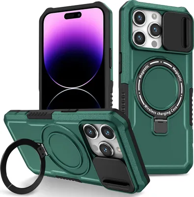 Produktbild von Handyhülle für iPhone 14 Pro Kompatibel mit MagSafe, Robuste Hülle mit Schiebe Kamera Schutz, Magnetischer Ringständer Dunkelgrün