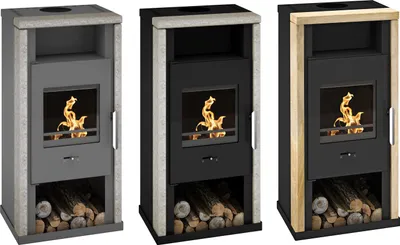 Three different models of Wamsler Kaminofen Yuna KF 108-40 Naturstein fireplaces are displayed side-by-side against a white background.