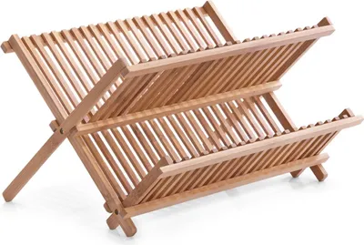 A wooden dish drying rack shown from an angle against a white background.