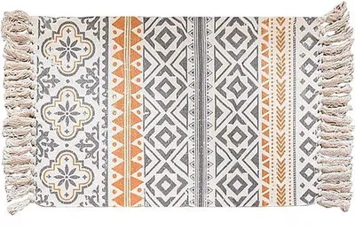 Produktbild von Teppich, Boho-Teppich mit Fransen, gewebt, waschbare Baumwollteppiche für Küche, Wohnzimmer, Schlafzimmer, Waschraum, Eingangsbereich, 60 x 90 cm (C)