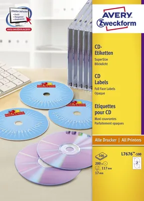Immagine prodotto di Avery Zweckform® L7676-100 L7676-100 Etichette per CD, Ø 117 mm, 100 fogli/200 etichette, bianco