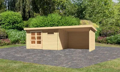 Produktbild von Gartenhaus Blockbohlenhaus Gerätehaus Bastrup 8 im Set mit Anbaudach 3 m breit, 28 mm Seiten - und Rückwand naturbelassen 670x297x220 cm