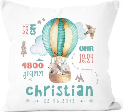 Produktbild von personalisierbares Kissen zur Geburt Heißluftballon, Geburtskissen Jungen Mädchen, Namenskissen Geschenk Geburt Baby Wunschname SpecialMe® weiß unisize