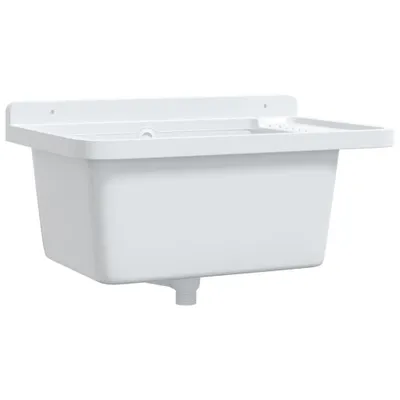 A white resin sink mounted on a wall.