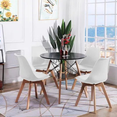 Produktbild von Esszimmermöbel-Set rund mit 4 Stühlen, MDF-Tisch Schwarz/Weiß, Stühle Weiß